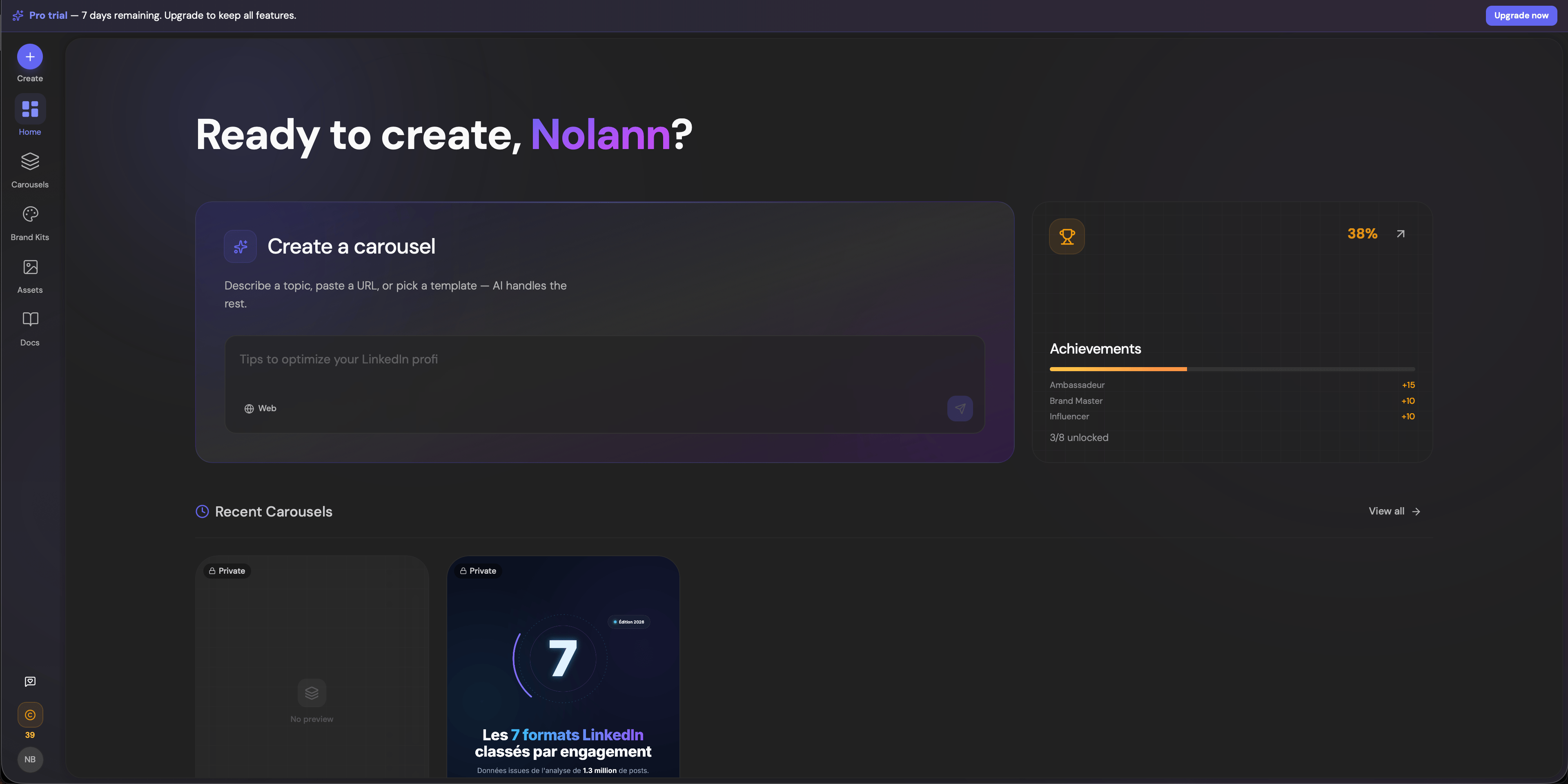 Interface Carousels Generator - génération IA de carrousels à partir d'un simple prompt