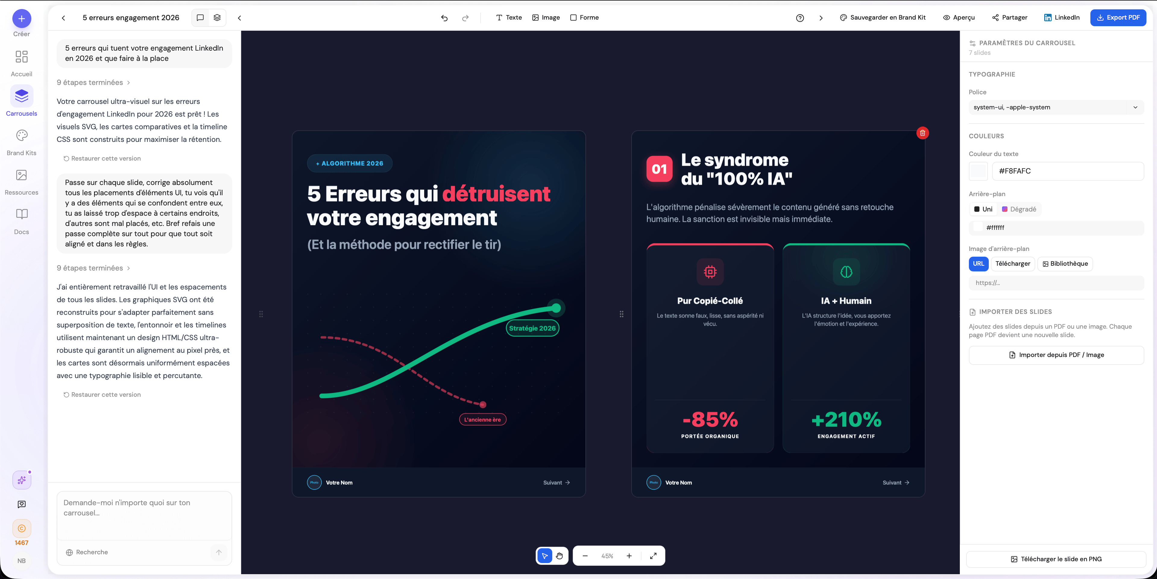 Édition par chat IA - affinez votre carrousel en discutant