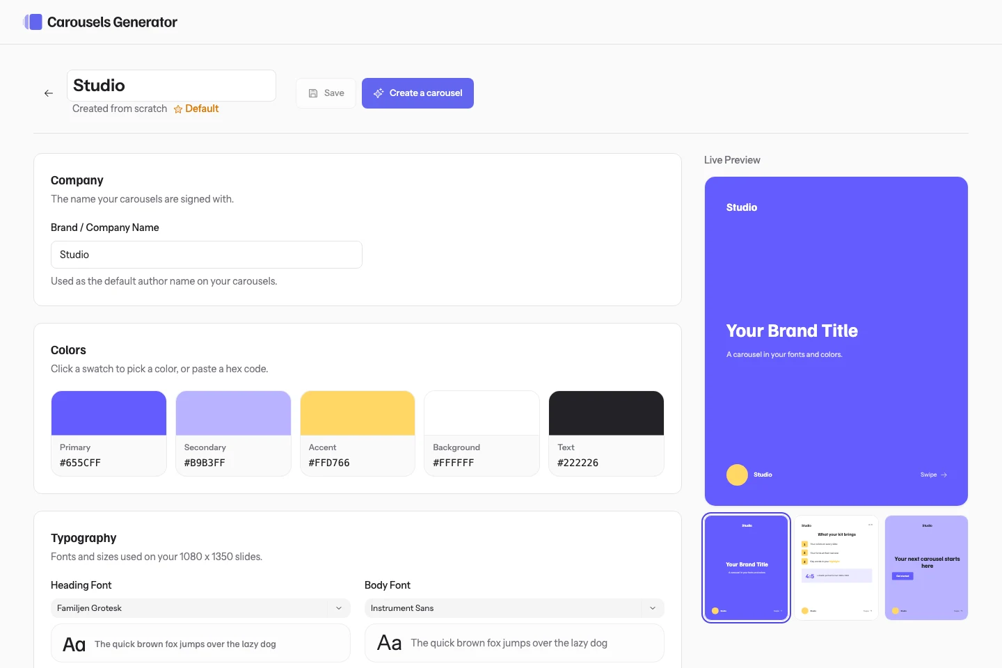 Brand kit colors, typography, and preview