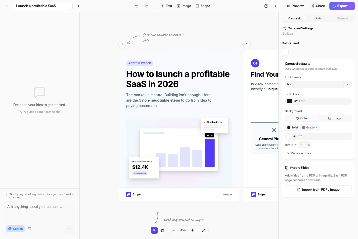 The carousel editor with AI chat, slides, and design controls