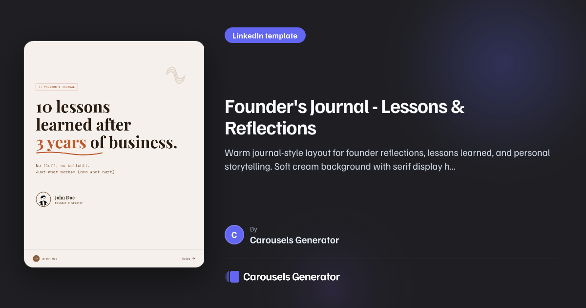 Founder's Journal - Lessons & Reflections - LinkedIn Carousel Template ...